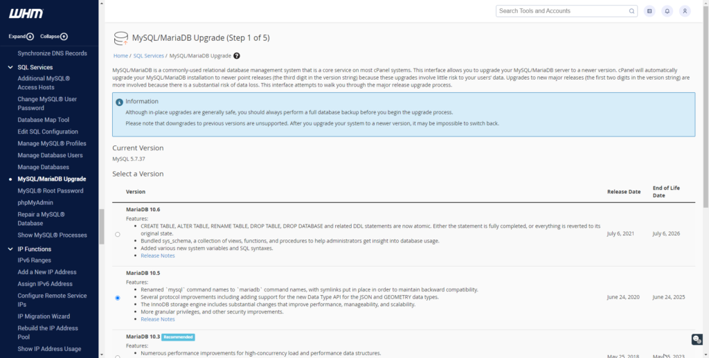 WHM MariaDB or MySQL Upgrade