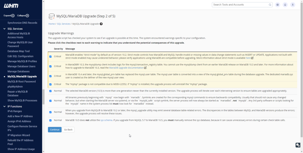 WHM MariaDB Upgrade Warnings